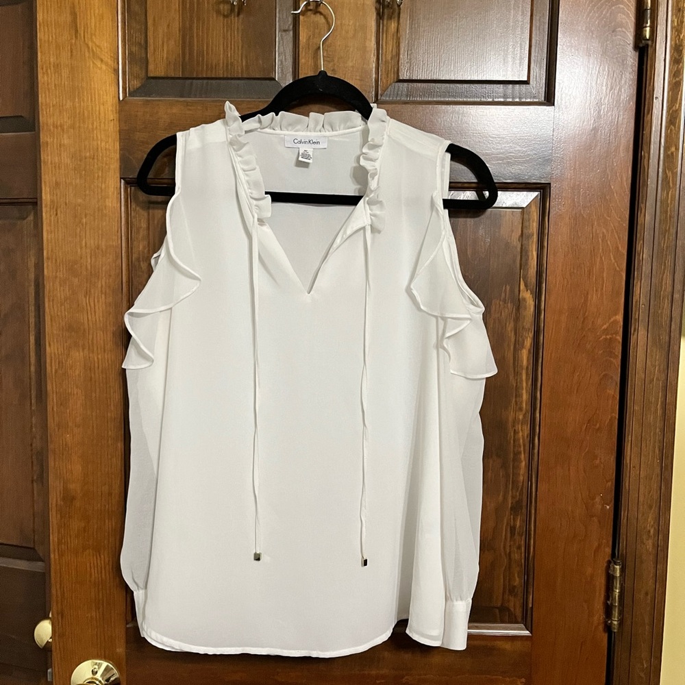 Calvin Klein cold shoulder top with ruffle detail